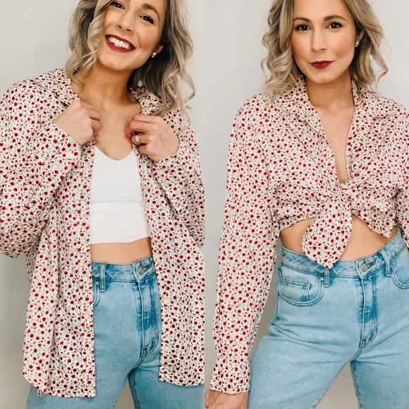 Vintage Tops - VINTAGE | Rose Floral Cottage Core Button Down Cotton Blouse Shirt Top